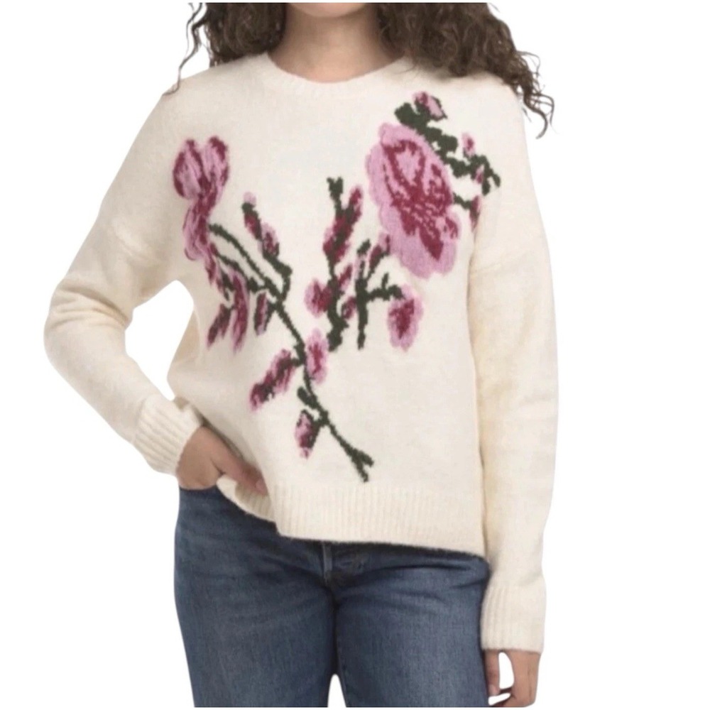 Ted Baker Floral Jacquard Sweater Womens M Cream Pink Fuzzy Knit Pullover NWT